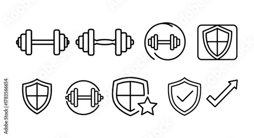 Collection of line art icons featuring dumbbells and shields, perfect for fitness apps, sports interfaces, security systems, and promotional materials. This vector graphic set includes various