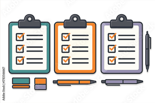 Three colorful clipboards with completed checklists and matching pens for business productivity and planning