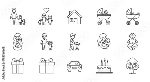 A collection of simple, linear, outline vector illustrations depicting various aspects of family life, including parents with children, babies, strollers, a house, gifts, a car, a birthday cake, and