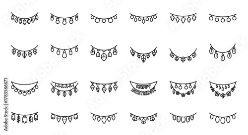 Collection of thin line art garlands and string lights icons, featuring various decorative elements like circles, teardrops, leaves, peace signs, flowers, and a 'Happy Birthday' banner, suitable for