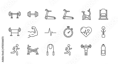 A comprehensive collection of fitness icons, meticulously designed in a clean, ordered line art style on a crisp white background, showcasing essential gym equipment and dynamic exercise symbols for