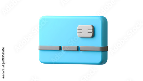 A simple, modern, light blue credit card with a chip and magnetic stripe, isolated on a transparent background, representing financial transactions and digital payments