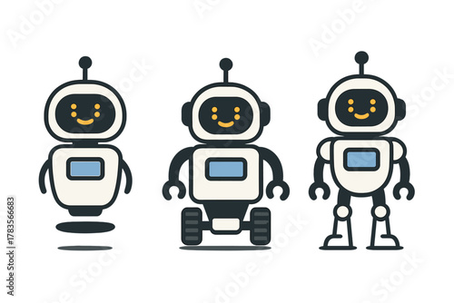 Three friendly cartoon robots representing artificial intelligence and technology concepts
