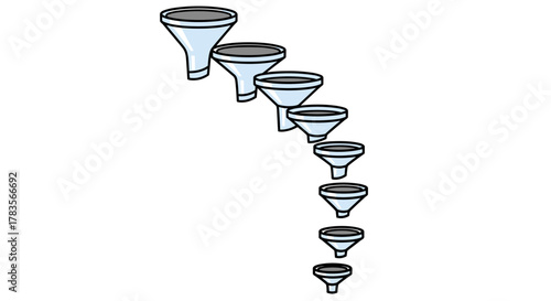 A descending sequence of seven stylized cartoon funnels, varying in size from largest to smallest, arranged diagonally on a clean white background, symbolizing process, filtering, or reduction in