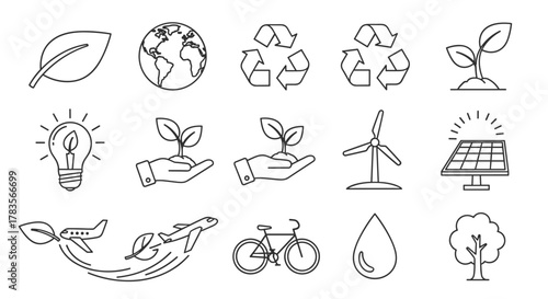 Eco-friendly line icon pack featuring a leaf, planet Earth, recycling symbols, seedling, lightbulb, hand holding plant, wind turbine, solar panel, airplane with leaves, bicycle, water drop, and tree