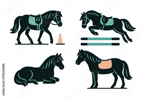 Four stylized dark horses in various poses: jumping, walking, standing, and resting for equestrian sports