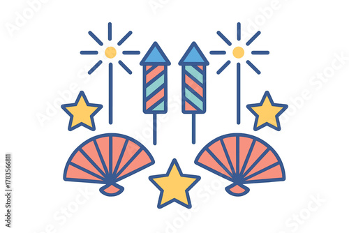 Set of colorful celebration elements: fireworks, sparklers, folding fans, and stars