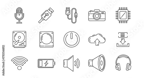 Collection of outline icons representing technology and digital devices, including a microphone, USB cable, camera, CPU chip, hard drive, power button, cloud upload, download, Wi-Fi signal, battery
