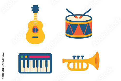 Colorful set of musical instrument icons: acoustic guitar, snare drum, electronic keyboard, and brass trumpet