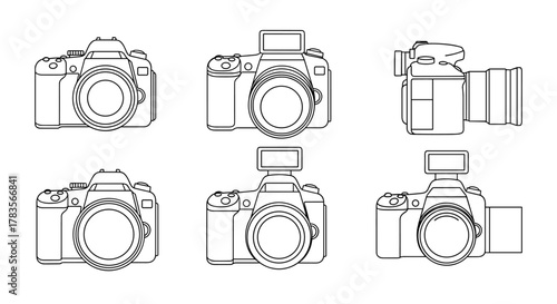 Set of six professional camera line drawings, presented as a continuous editable line illustration. This ordered line icon set features various angles and configurations of DSLR cameras, including