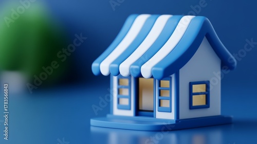 Simple icon of a storefront with a digital sign representing virtual shops and online marketplaces rendered in navy blue clean lines