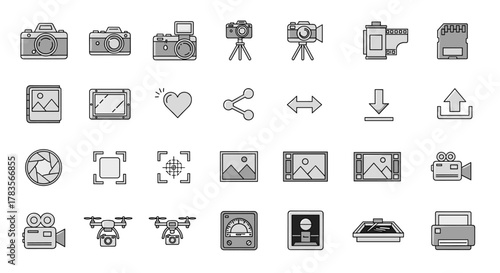 Collection of line art icons representing photography and image editing tools, including cameras, film rolls, memory cards, photo albums, frames, hearts, share symbols, download and upload arrows