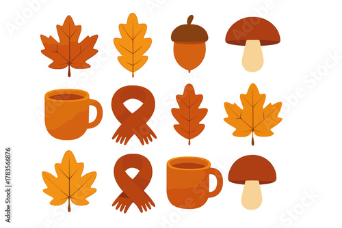 Seamless pattern with autumn foliage, cozy scarves, hot mugs, and forest mushrooms