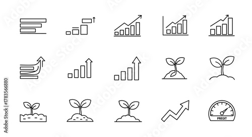 A collection of simple line icons representing progress, growth, and data visualization, perfect for infographics, business reports, and educational materials. Includes bar charts, line graphs, and