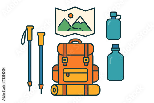 Collection of essential outdoor adventure gear including backpack trekking poles map and water bottles