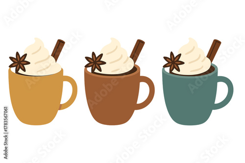 Colorful mugs with hot drinks topped with whipped cream, cinnamon sticks, and star anise