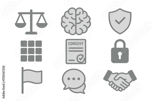Flat icons set representing data privacy, security, legal compliance, and digital consent