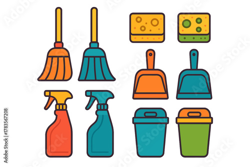 Colorful collection of household cleaning supplies and tools including brooms, sponges, dustpans, and spray bottles