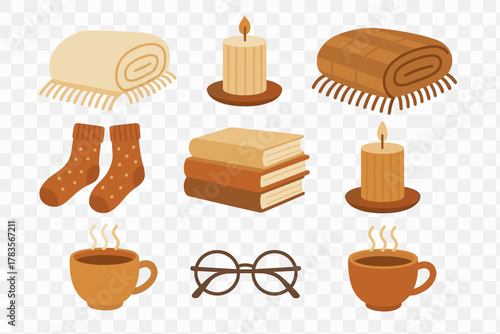 Cozy autumn and winter essentials set with warm blankets, burning candles, stacked books, and hot beverages