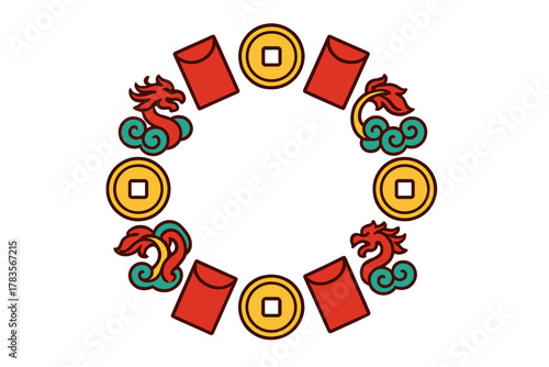 Traditional circular border with Chinese dragons, lucky red envelopes, and ancient gold coins