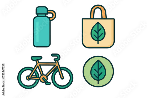 Sustainable lifestyle symbols showing reusable bottle, eco bag, and bicycle transport