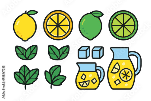 Flat design icons of lemonade ingredients: lemon, lime, mint, ice, and pitcher drink