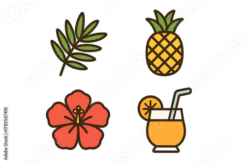 Pineapple, hibiscus flower, palm leaf, and cocktail for tropical summer design