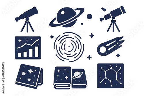 Dark blue glyphs representing astronomy, space exploration, scientific research, and education symbols