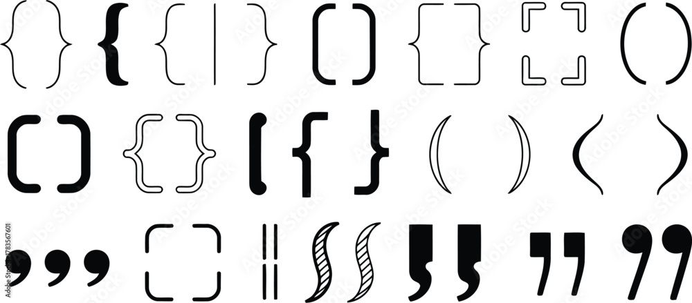 Obraz premium Black Silhouette of Curly Braces Parentheses Angle Quotation Marks Isolated on White