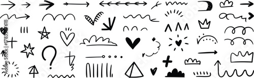 Collection of Doodle Elements Including Arrows, Hearts, Stars, and Other Hand Drawn Shapes