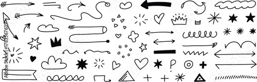 Collection of HandDrawn Arrows, Hearts, Stars, Clouds, Crowns, and Other Doodle Elements