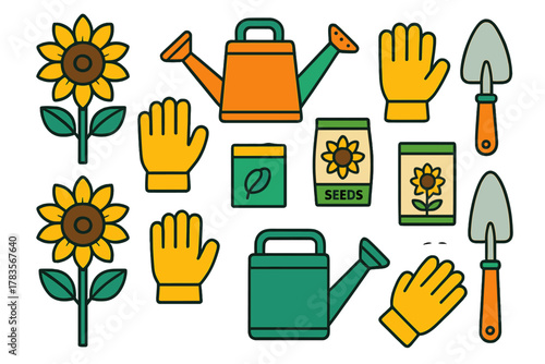 Seamless pattern of essential gardening equipment and blooming sunflowers