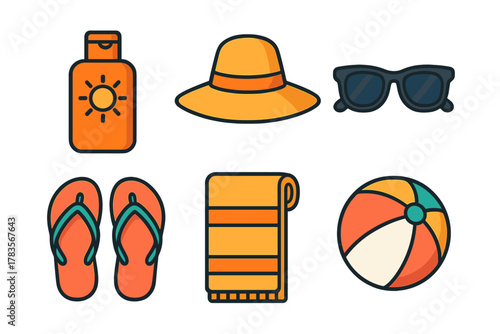 Essential summer beach vacation accessories set including sunscreen hat sunglasses and towel