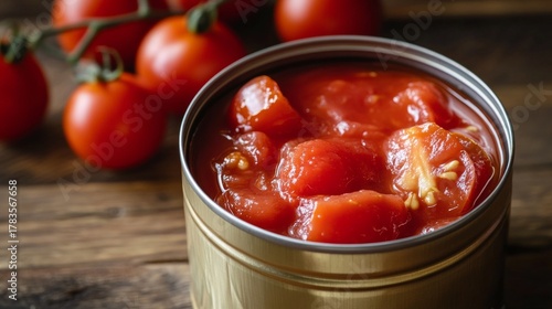 Opened metal tin can with peeled lid showing whole canned tomatoes and juice on white background