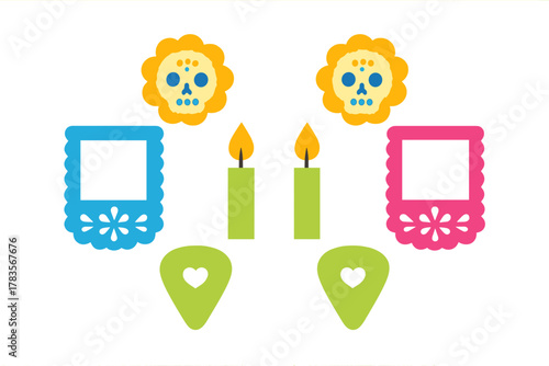 Colorful Day of the Dead elements set including sugar skulls, candles, and Papel Picado frames
