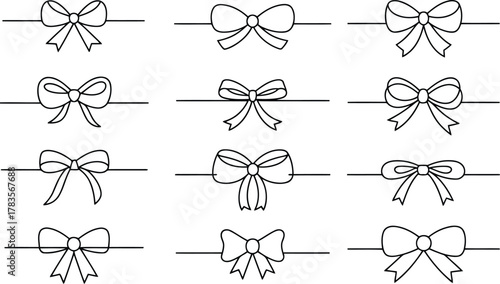 Collection of Twelve Line Art Bows Attached to Horizontal Dividers for Design