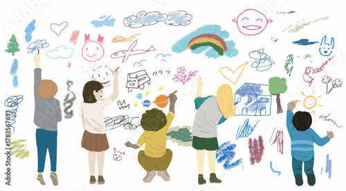 Kids drawing on wall. Vector illustration of kids drawing on wall. Happy world children day. People of color