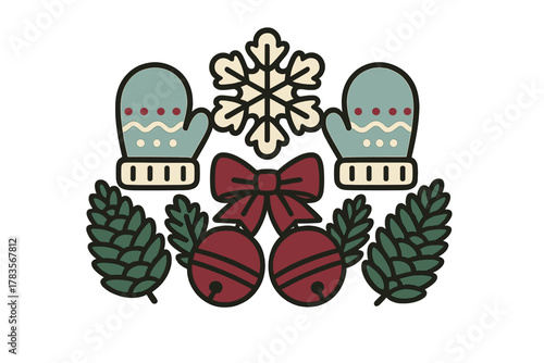 Cozy winter holiday arrangement featuring mittens snowflake bells and pine cones