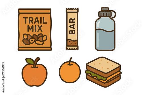 Set of healthy snacks and hydration supplies icons for outdoor activities