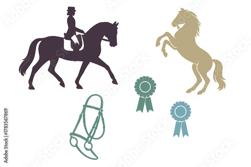 Equestrian competition elements set with horse silhouettes, dressage rider, bridle, and award rosettes
