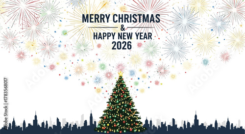 Merry christmas and happy new year 2026 with a decorated tree fireworks and city skyline silhouette