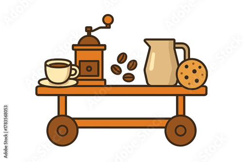 Vintage coffee service setup with grinder, cup, creamer, cookie, and beans on a mobile cart