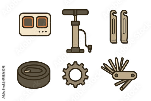 Essential bicycle repair tools collection including air pump, tire levers, patch kit, and multi-tool icons