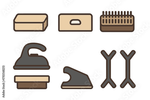 Collection of household cleaning and laundry tools including brushes, soap dishes, and irons