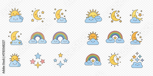 Cute cartoon weather and celestial icons featuring sun, moon, stars, clouds, and rainbows with smiling faces, isolated on a transparent background.