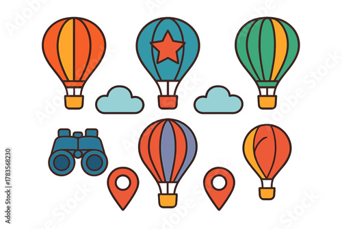 Set of colorful icons featuring hot air balloons, clouds, binoculars, and location pins for travel