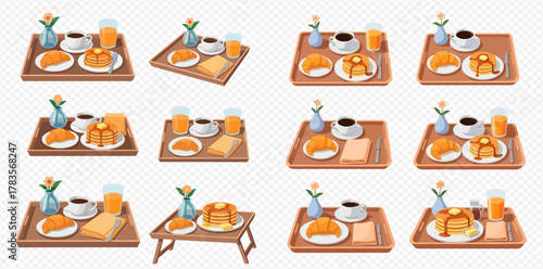 Multiple illustrations of breakfast trays featuring pancakes, croissants, coffee, and orange juice, presented in a clean, vector art style.