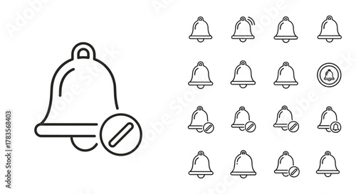 Collection of simple linear outline bell icons representing ring and notification alerts, suitable for web, apps, and print media, with editable stroke for customization, presented in a vector