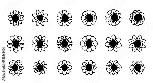 Set of 18 stylized flower icons with black centers and white outlines, presented on a clean white background, perfect for logo design, vector cartoon illustrations, and graphic resources, offering a