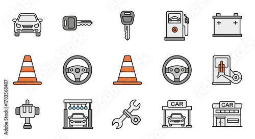 A collection of flat vector icons representing various aspects of automobiles and car dealerships, including cars, keys, steering wheels, traffic cones, gas pumps, car batteries, car washes, repair